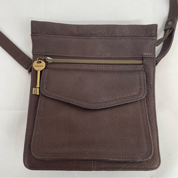 Fossil Handbags - Vintage Fossil Purse 75082 Brown Pebbled Leather Adjustable Crossbody Bag Key